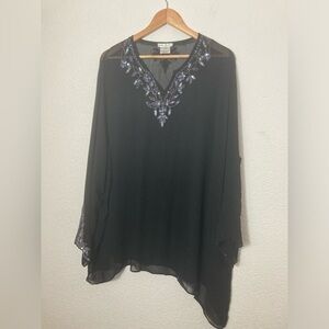 Ulla Popken Asymmetrical sheer blouse fairy beading flared sleeves size 24-26
